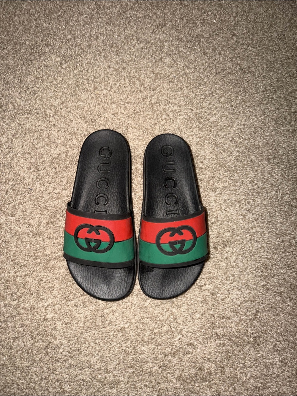 Gucci Black Slides with Red and Green Striped Logo Strap